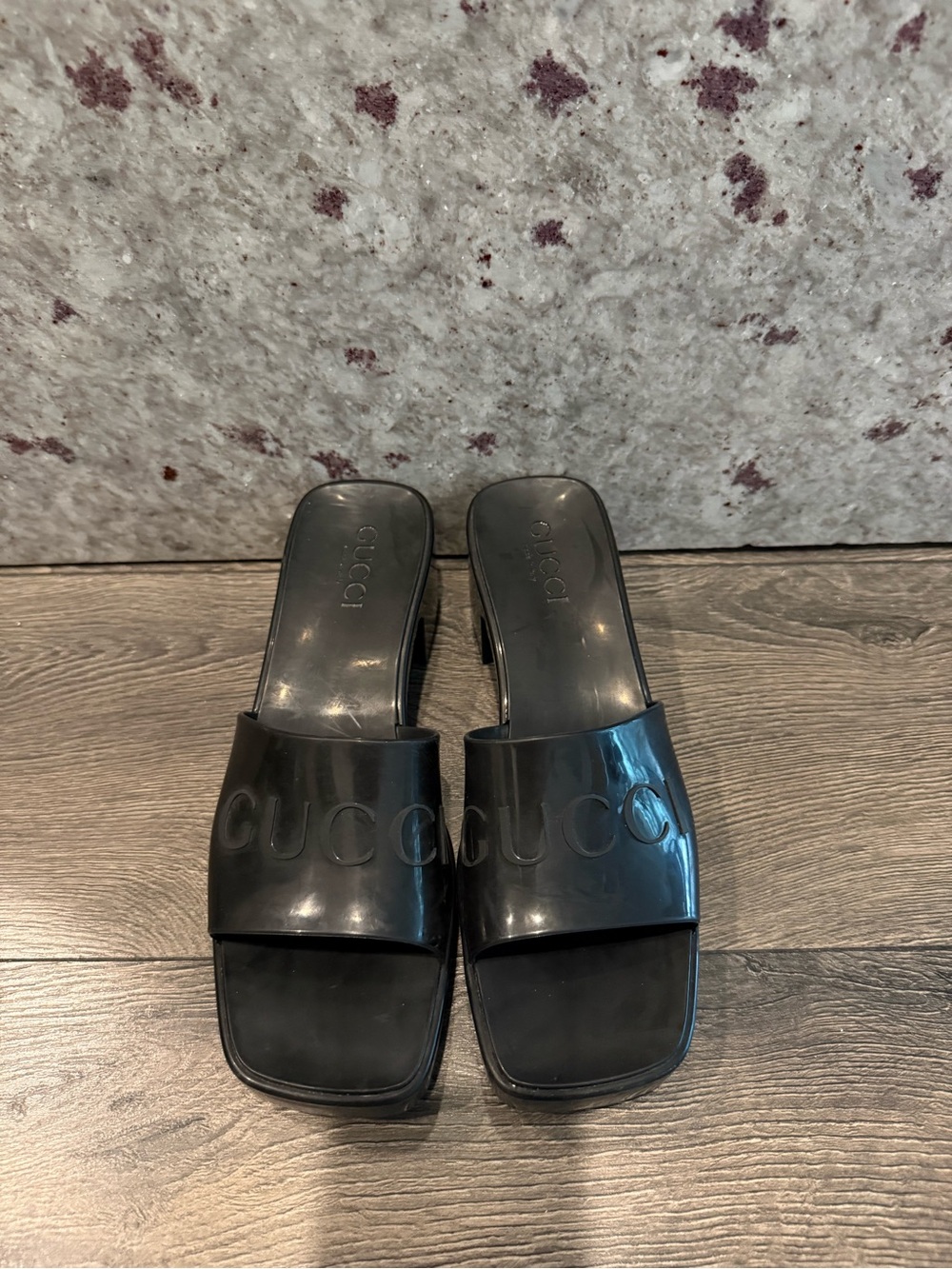 Gucci Black Embossed Logo Slide Mules
